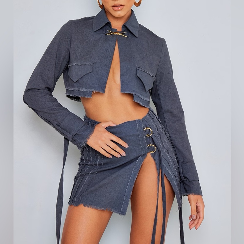 Charcoal Gray Frayed Hem Skirt Set